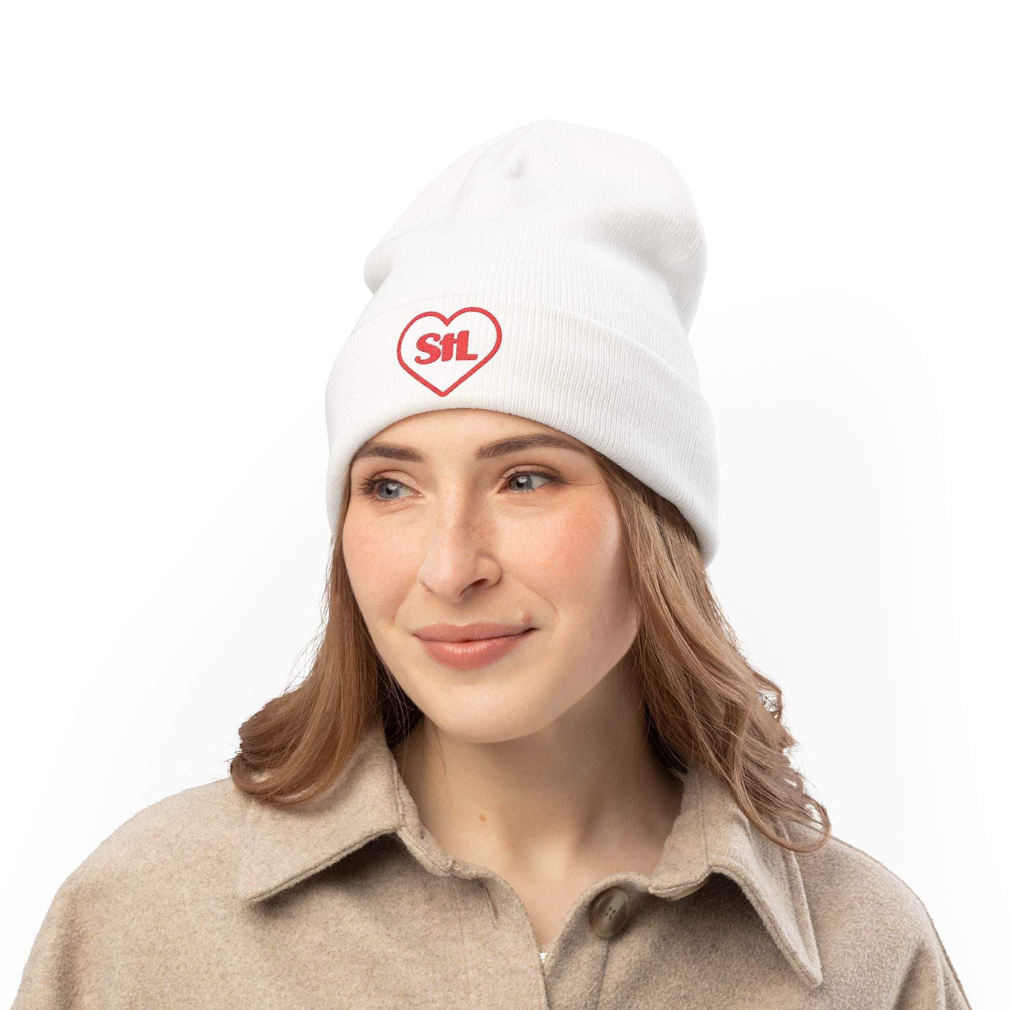 Heart "StL" Knit Beanie - White